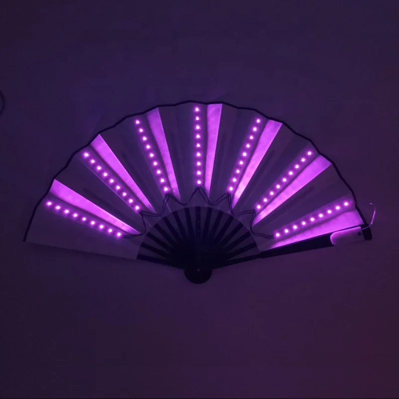 LED Glowing Colorful Chinese Bamboo Hand Held Folding Fan with 3 Different Performance Show Light Up Fan Party Dance