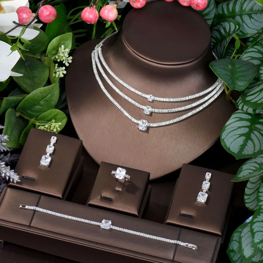 HIBRIDE Three Layers Square Design Women Party Costume Jewelry Set Wedding Earring Necklace Sets For Brides bijoux femme N-538