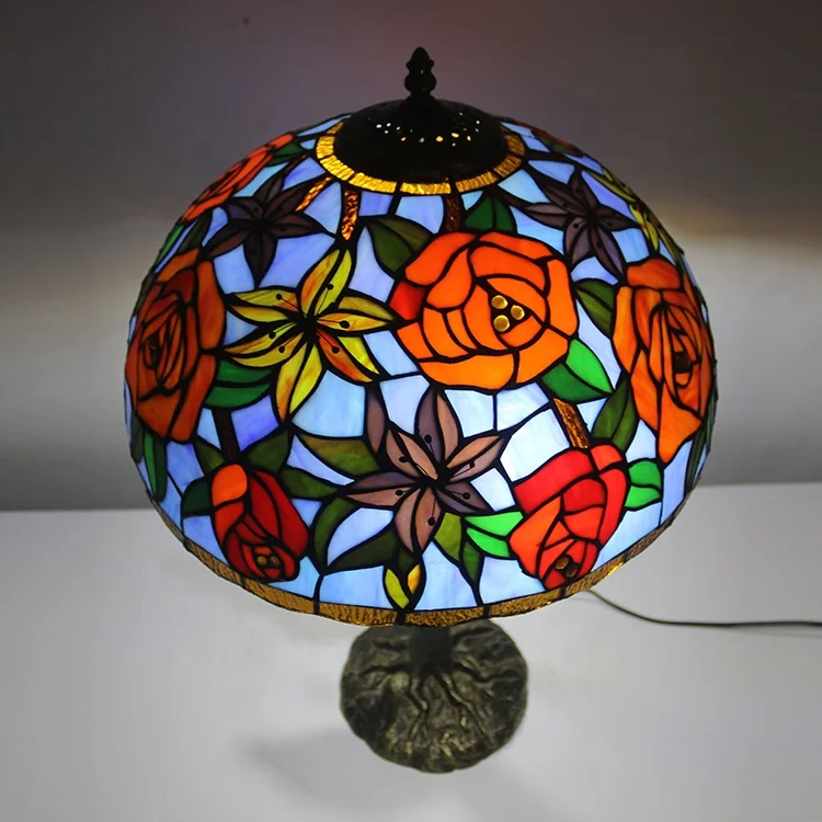 LongHuiJing Tiffany Style Stained Glass Lampshade Desk Lamps Rose Pattern Table Lamps With Antique Base
