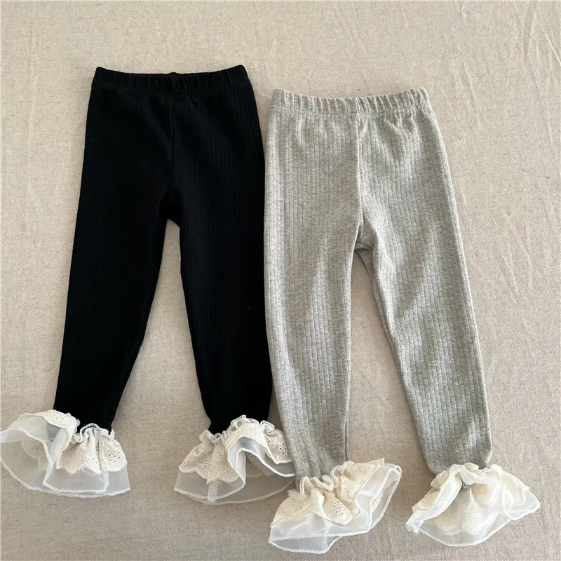2023 Toddler Baby Girl Cute Black Gray Ruffle  Leggings Tights for 1-6 Years