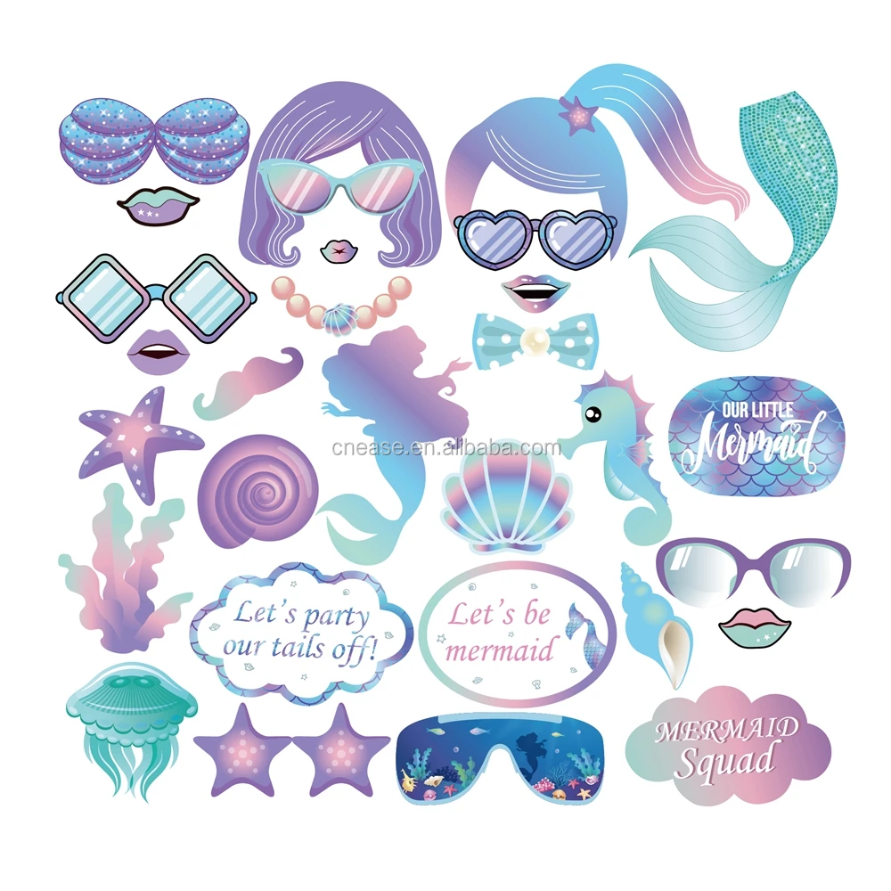 Huancai mermaid photo booth props DIY 30 pcs party selfie photo props Kit with wooden sticks for kids birthday party supplies