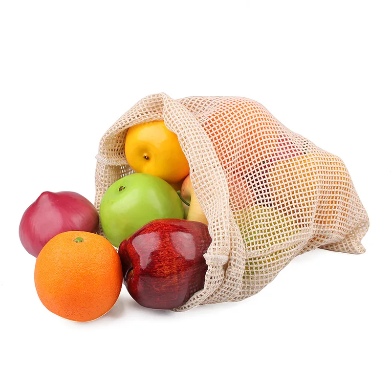 Recyclable vegetable and fruits storage bags large mesh drawstring bag shopping produce organic cotton mesh bags