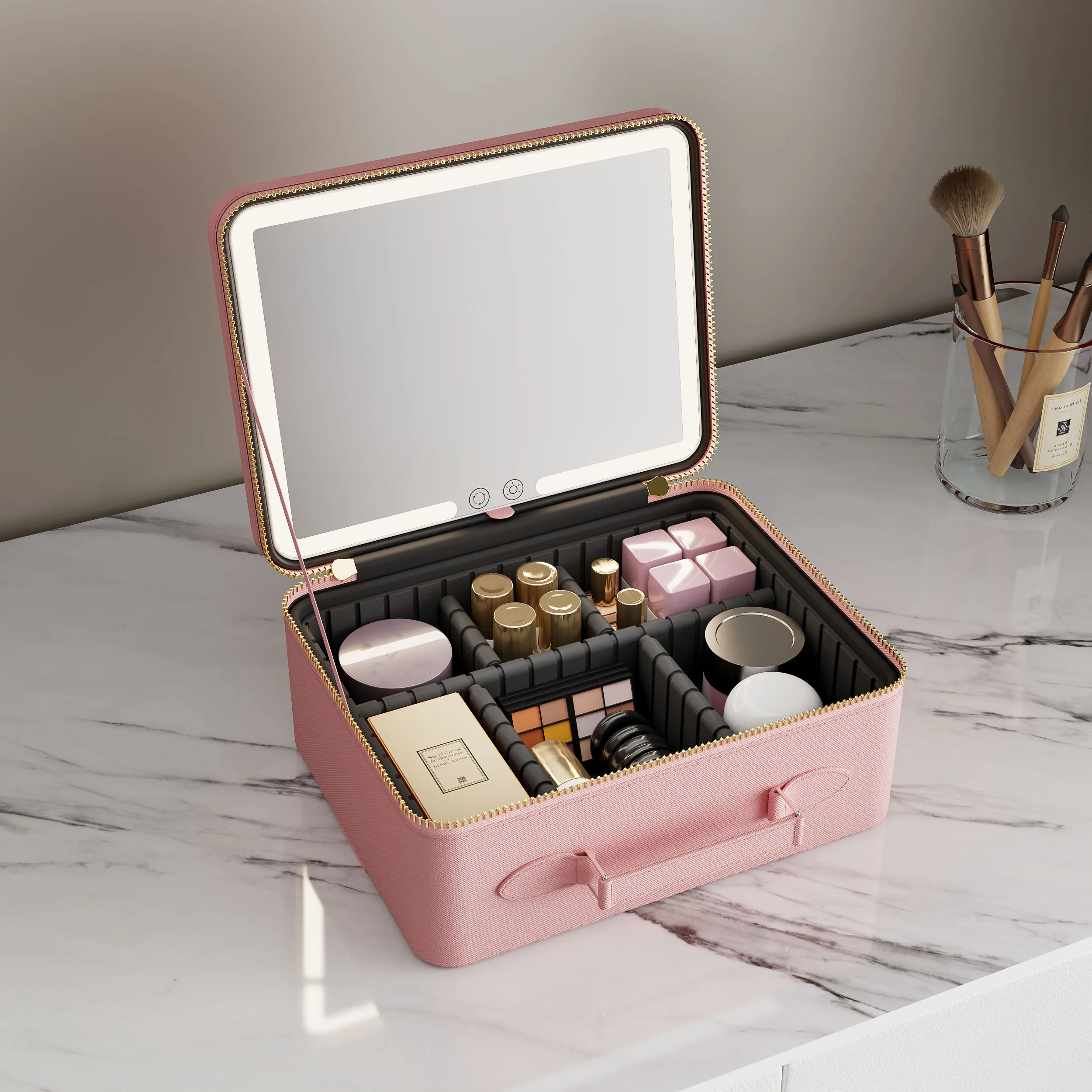 Pink Type-C Charging Lighted Storage Pu Leather Custom Logo Make Up Cosmetic Travel Vanity Makeup Bag Case With Led Light Mirror