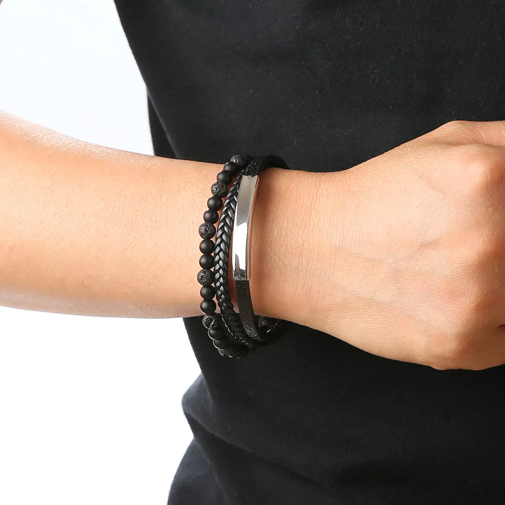 Vintage Stainless Steel Jewelry Unisex Braided Magnetic Clasp Beaded Leather Bracelet For Men