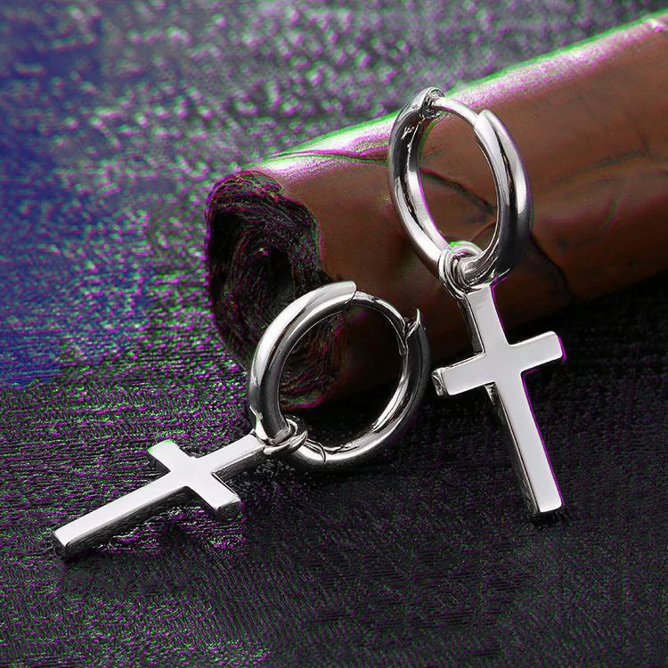 Wholesale IN Stock Huggie Hoop Earrings 925 Sterling Silver 14K White Gold Plated Big Cross Dangle Hinged Earrings for Men Women