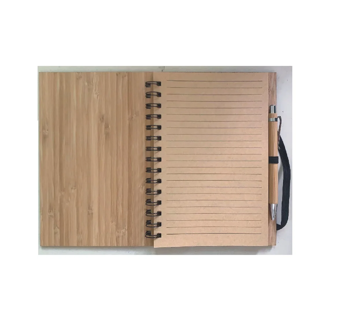 Custom Bamboo Cover  Elastic Closure Band Spiral Notebook with pen
