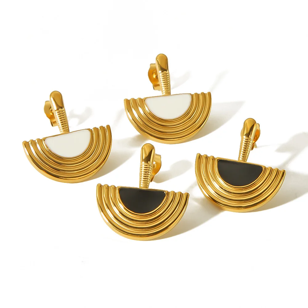 Vintage 18K Gold Plating Enameled Fan-shaped Stud Earrings Stainless Steel Oil Drip Geometric Earrings For Women