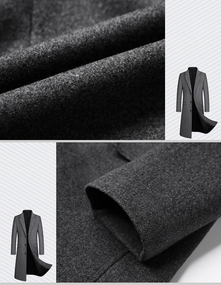 Winter Spring Turn Down Collar Thick Warm Long Wool Trench Coat for Men