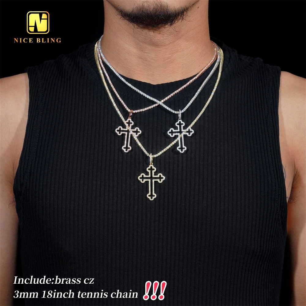 Hip Hop Jewelry 925 Silver Moissanite Diamond Cross Pendant Unisex Charm Iced Out Cross Pendant with Cz Tennis Chain