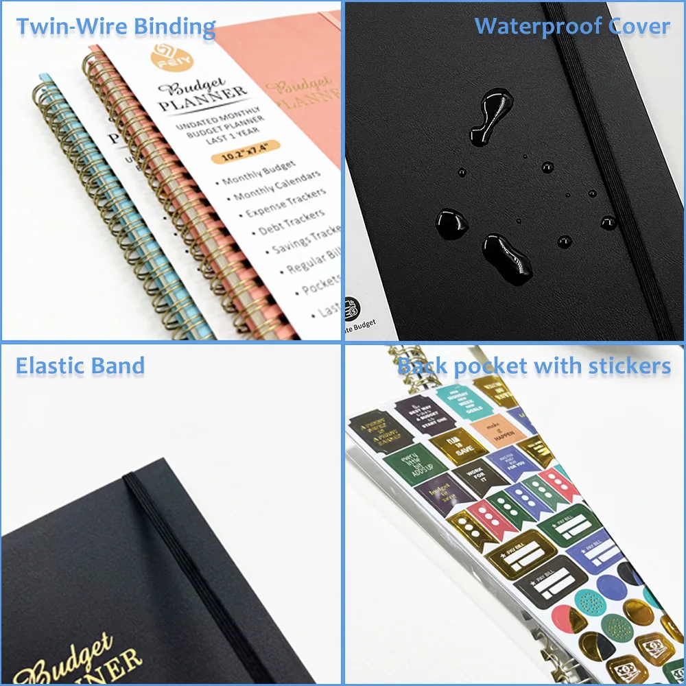 Customize 2025 Waterproof Hardcover Spiral Gold Bound Day Designer Money Budget Planner Journals With Stickers & Envelopes