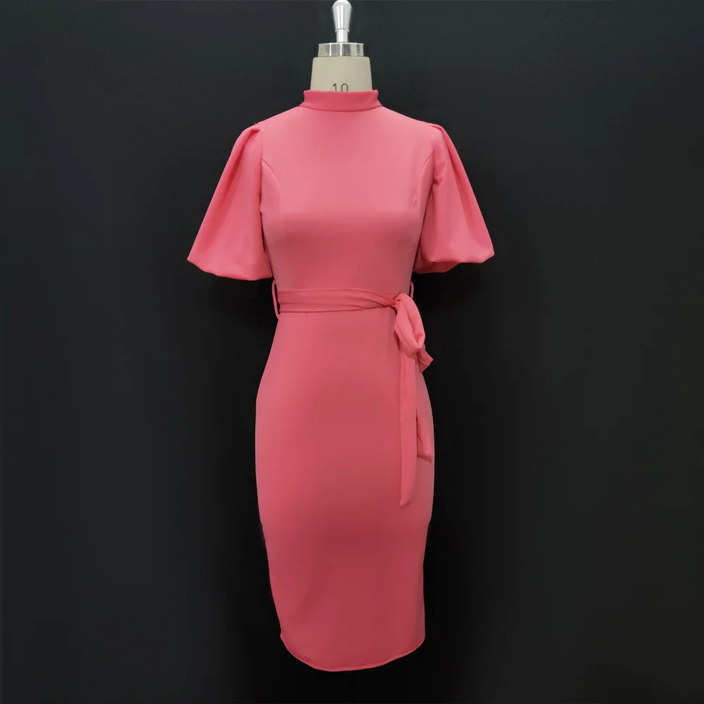 
High quality stand-up collar puff sleeves high-waisted slim fit (including belt) professional Elegant Midi Dress fashionable 