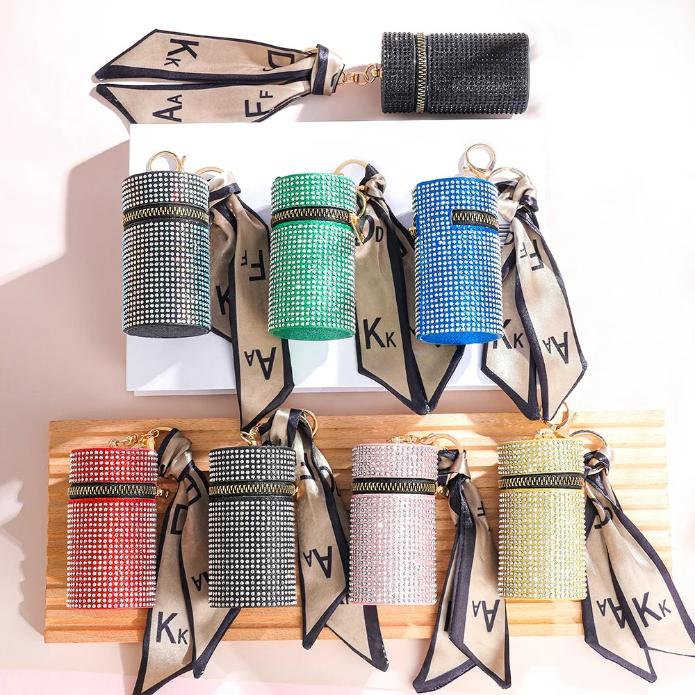 Custom Glitter PU Leather Lipstick Holder Keychain Self Defense Accessories Mini Bucket Lipstick Bag Charm Keychain for Women