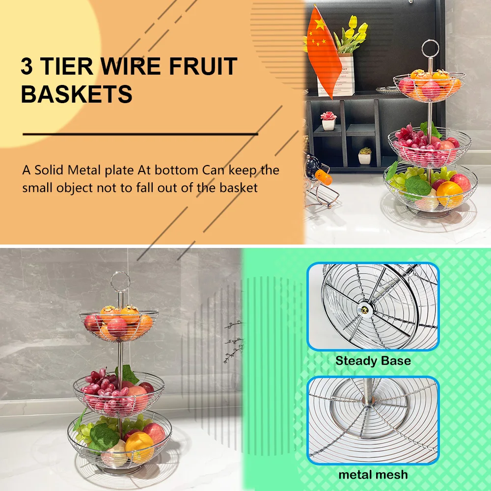 Modern Detachable Metal Wire Fruit Basket 3 Tiers Chrome Wire Metal Fruit Bowl For Kitchen Counter Organizer