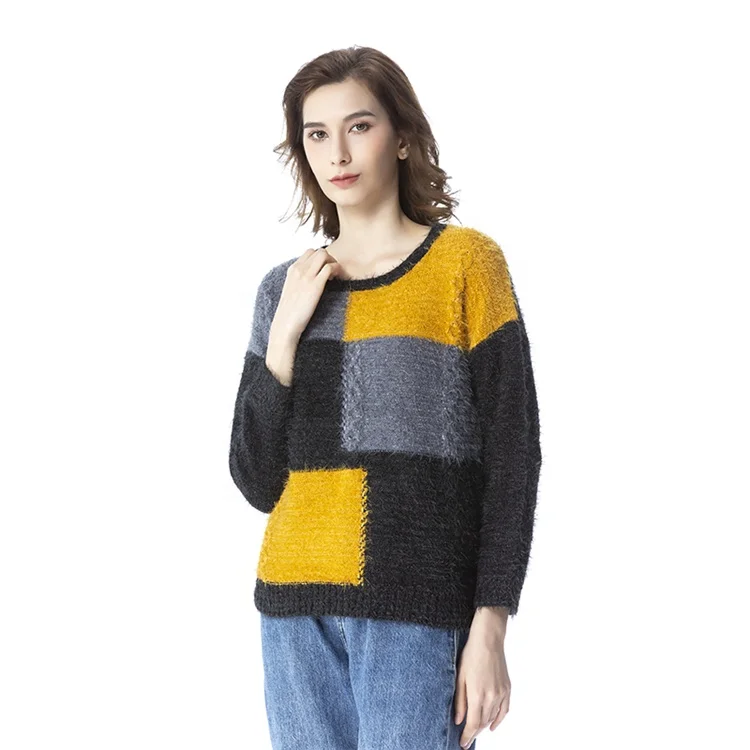 Custom Wholesale Crew Neck Fuzzy Women Sweater Long Sleeve Color Block Hairy Knitted Pullover Sweaters