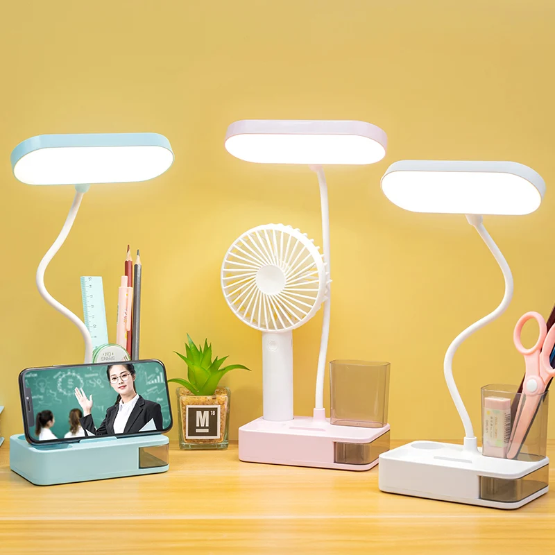 LED Eye Protection White Blue Pink USB Rechargeable Study Reading Desk Table Lamp with Pen Holder