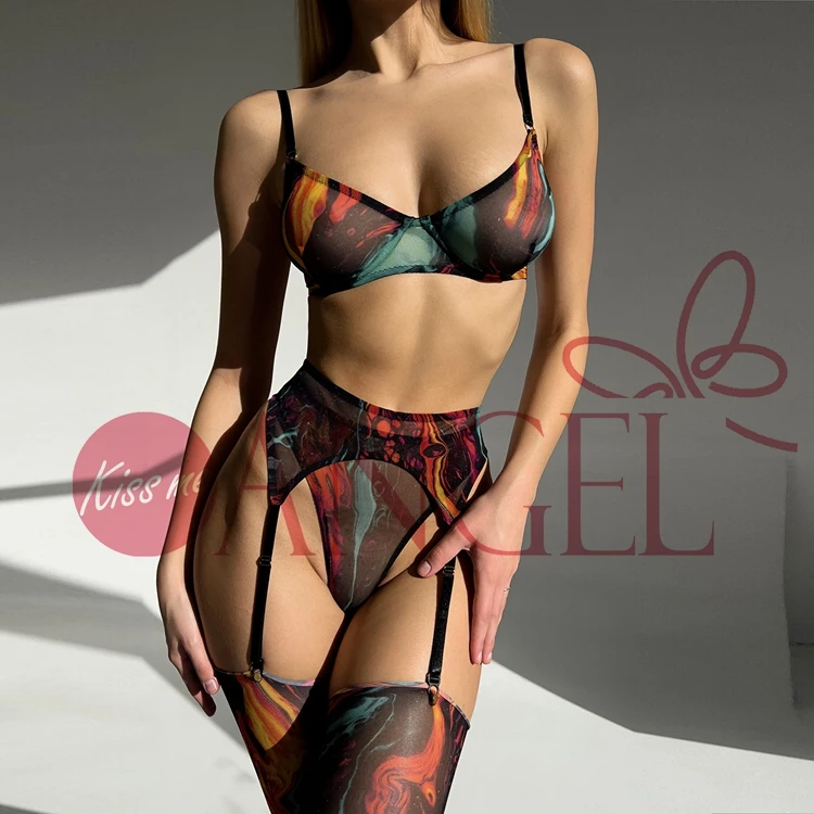 KISS ME ANGEL the best fashion tie-dye mesh perspective deep V neck witn stockings and gloves sexy bra and panty set