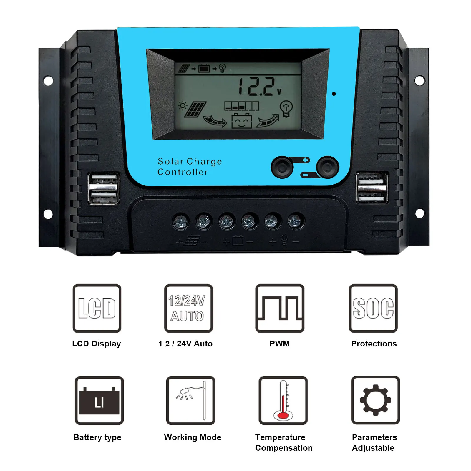 10A 20A 30A Solar Charge Controller 12V/24V/36V/48V PWM Solar Panel Charge Controller Intelligent Regulator with Adjustable LCD