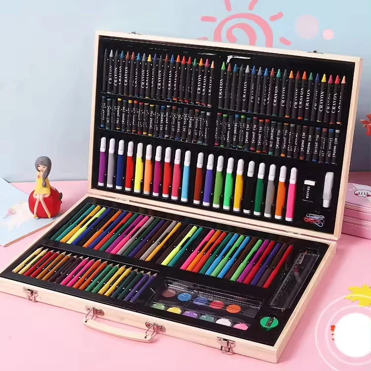 Best Selling  180 Pcs Kids Wooden Box  Watercolors crayons colored pencils  Painting Art Set Drawing Set for kids