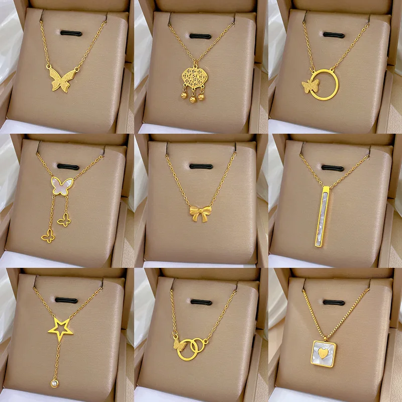 Luxury  Crystal Pendant Necklaces For Women Korean Fashion Sweet Sexy  Stainless Steel Neck Chain Jewelry