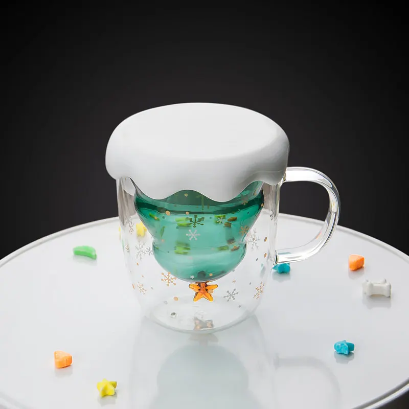 Online shop hot sales New Design Double Wall christmas tree glass cup with handle