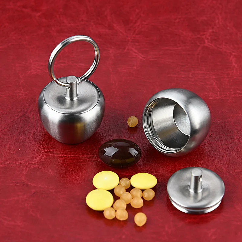 Stainless Steel Apple Small Medicine Bottle Carry-on Portable Box Keychain Pendant Metal sealed Jar