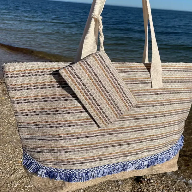 Wholesale Custom Large Beach Bag Fashion Personalized Tote Bag Striped Canvas Beach Bag