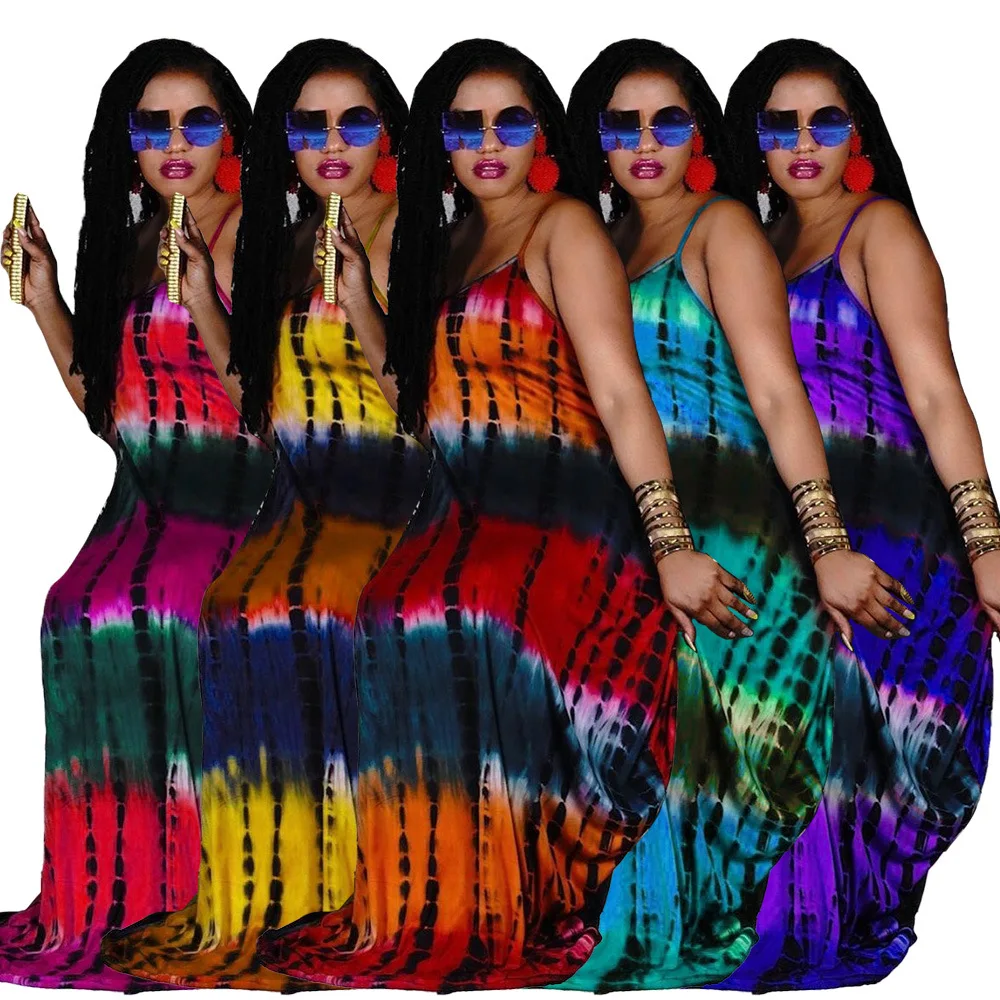 Women Summer Casual Maxi Dress Sexy Tie Dye Stripe Bodycon Long Dresses Pockets Sleeveless Sundresses