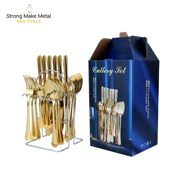 Best Selling Stainless Steel Knife Fork Spoon set 24pcs Gold Flatware Luxury Cutlery Set With Stand