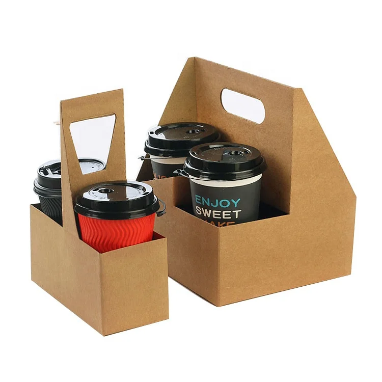 Customized take away hot sale paper cup carrier with handle to go tea kraft packing disposable coffee paper cup holder