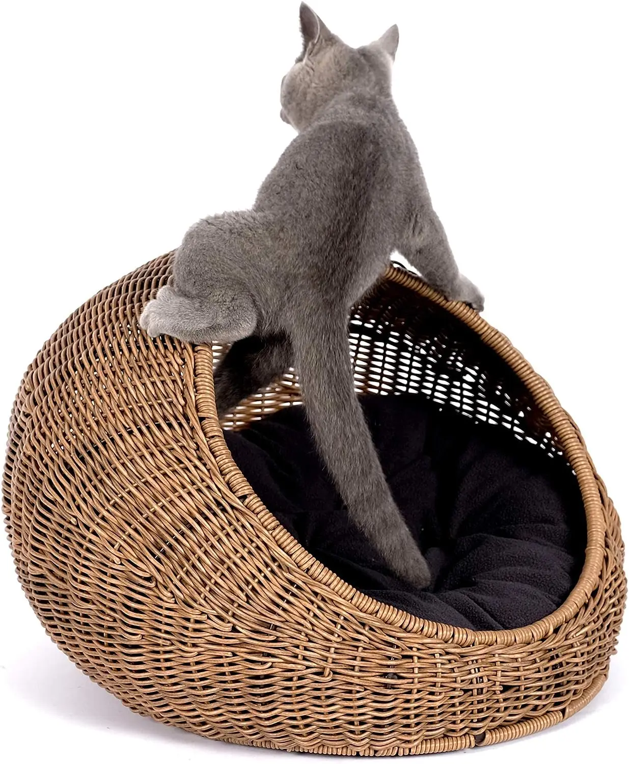 Yulin Jiafu Wicker Cat Bed Dome for Medium Indoor Cats - a Covered Cat Hideaway Hut of Faux Rattan Houses Pets in Dome Basket