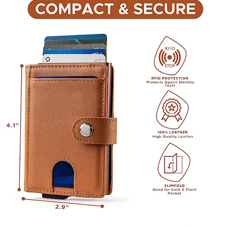 Custom Genuine Leather Pop up Wallet Vintage RFID Blocking Anti Theft Automatic Aluminum Credit Card