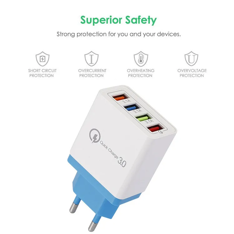 4 Port Fast Quick Charging Wall Charger QC 3.0 USB Hub Power Adapter Plug EU&US