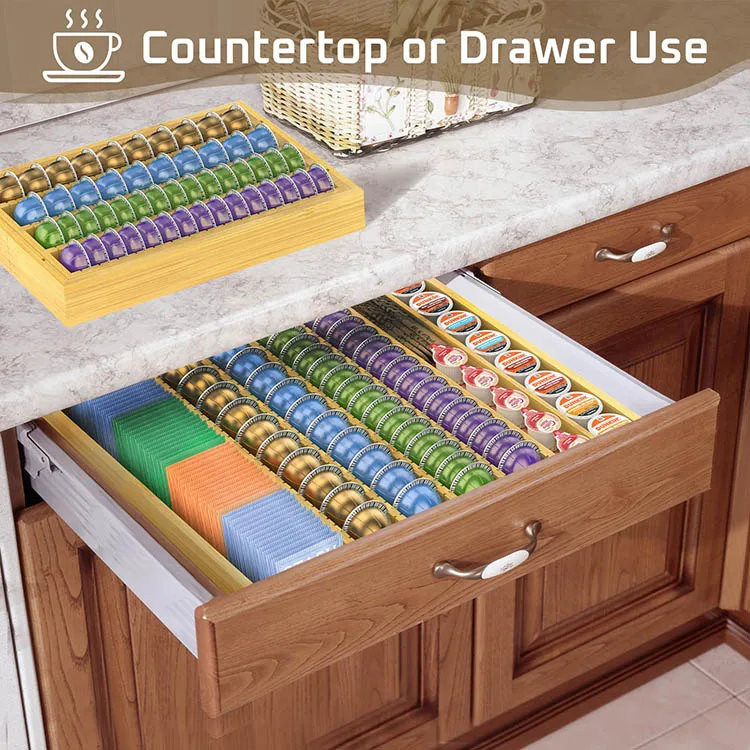 Bamboo Coffee Pod Storage Organizer Expandable K Cup Coffee Pods Holder Compatible with Nespresso Vertuo Capsules