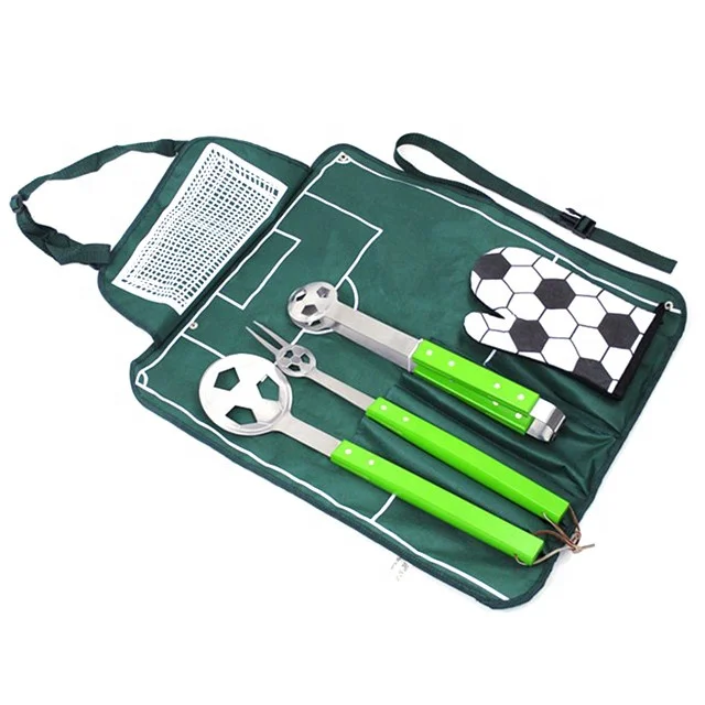 BQ-0007 Popular Apron 4-Piece Soccer Football Design Barbeque Tool Set