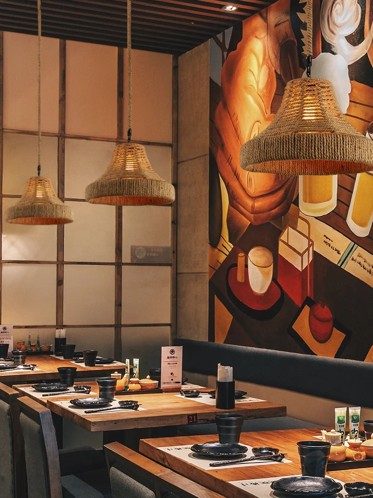 Vintage Industrial Hemp Rope Pendant Light American Country Style Iron Rope Chandelier For Bar Coffee Shop