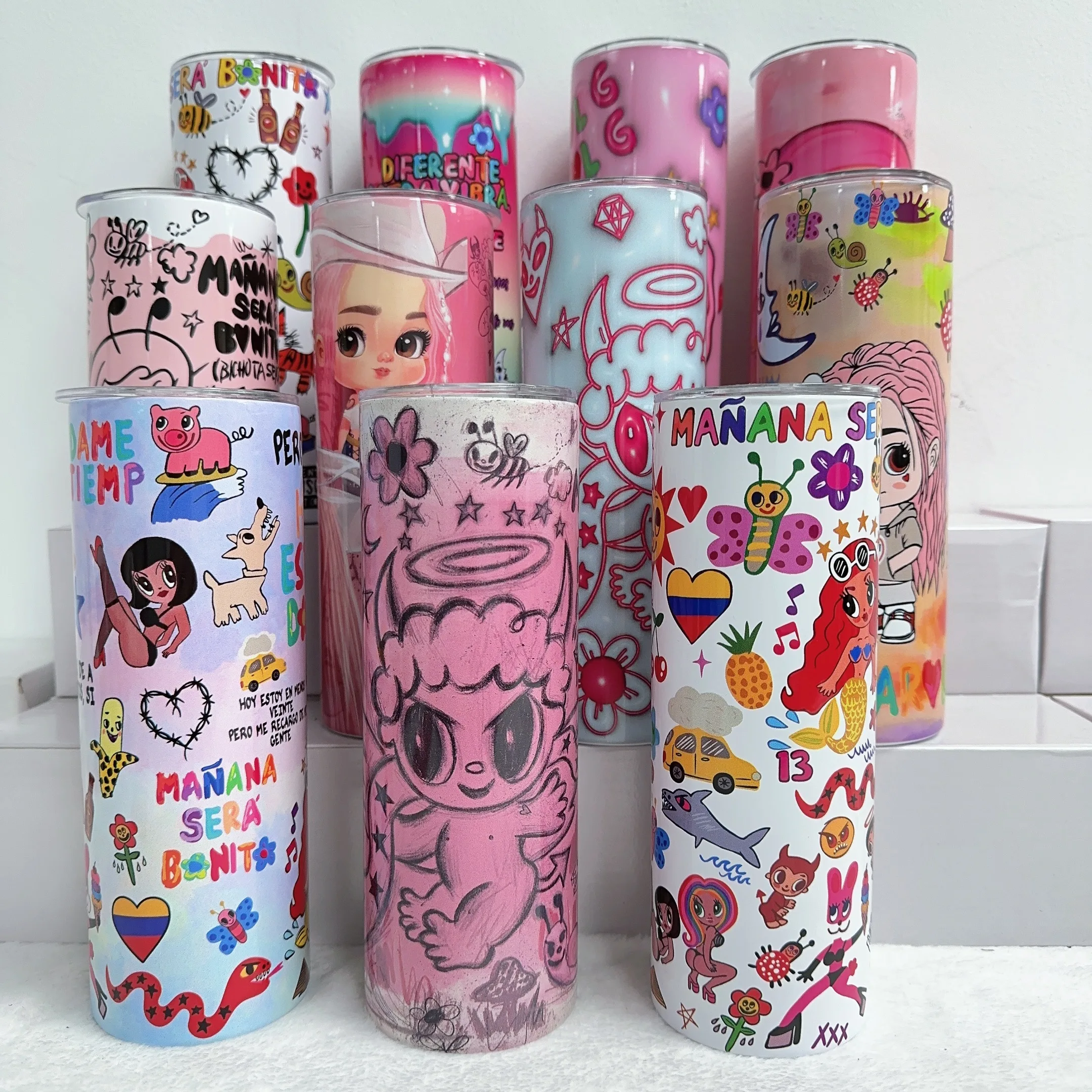 new arrival custom cute cartoon pink Karol g album designer 20oz skinny insulated coffee cups tumbler with lid and straw
