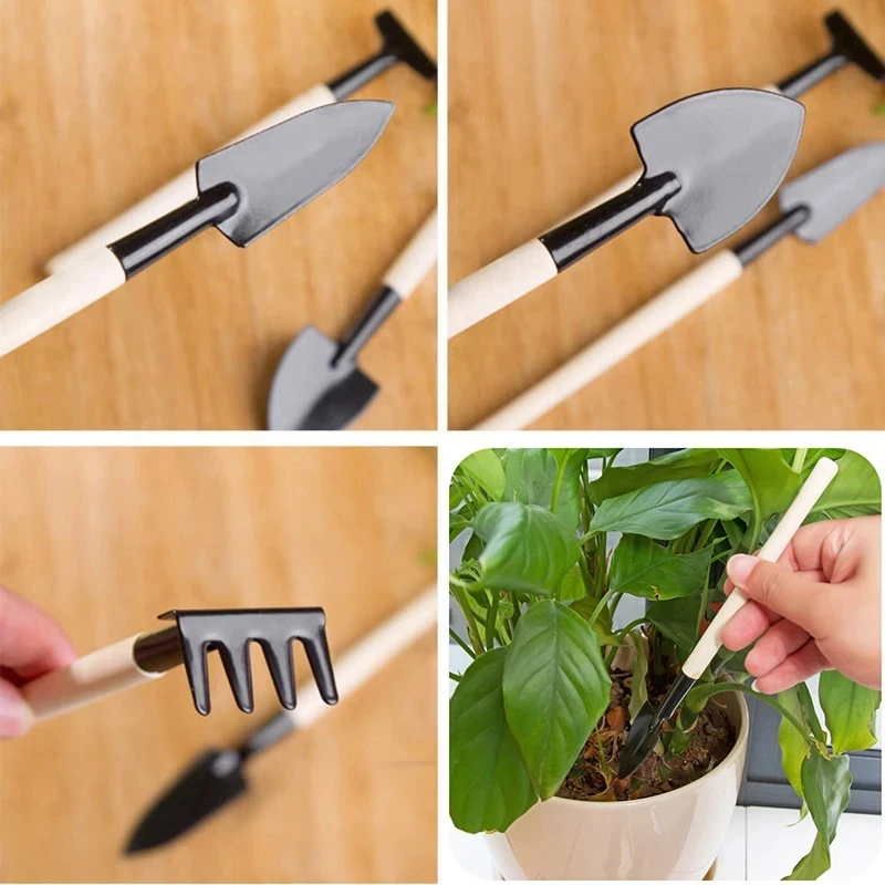 3pcs/set Wooden Handle Metal Head Shovel for Flowers Potted Plants Mini Garden Tools Mini Shovel Rake Set