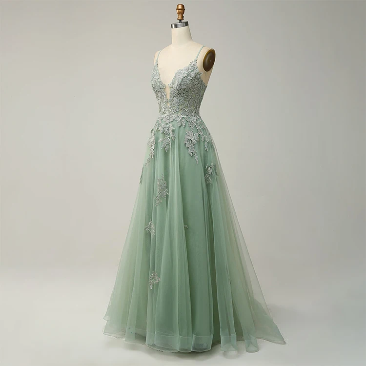 Colorful a Line Spaghetti Straps Beading Appliques Long Tulle Women Evening Dresses Prom Dress With Cross Back