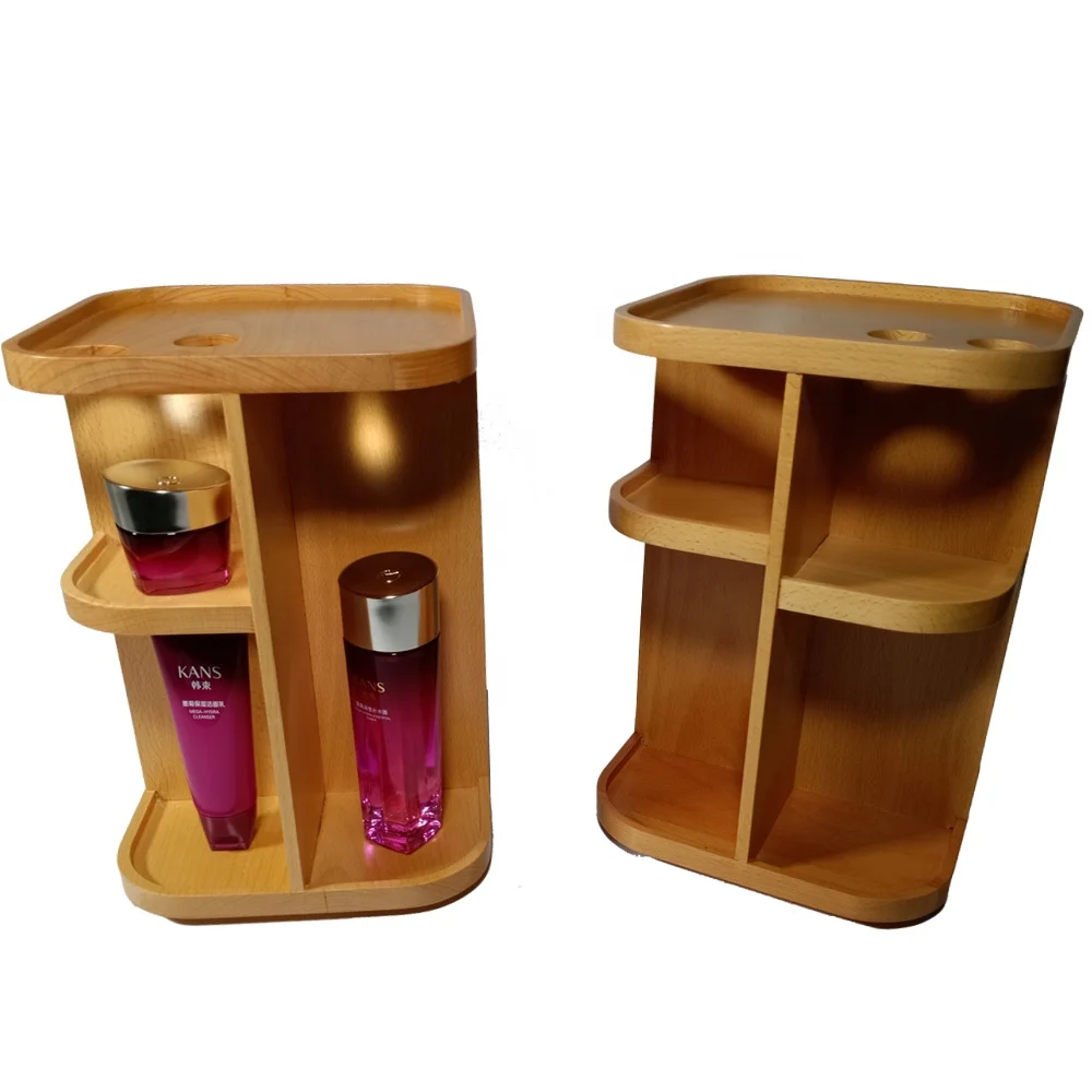 Factory Wholesale Natural Beech Wood Color Rotating Rack Custom Solid Wood Makeup Display Stand Cosmetic