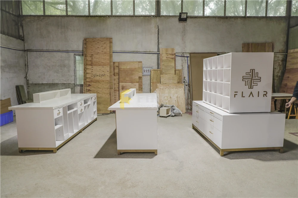 Customized Factory Price Shop Display Furniture Cabinet Shelves Rack White Shop Cash Counter Display Counter