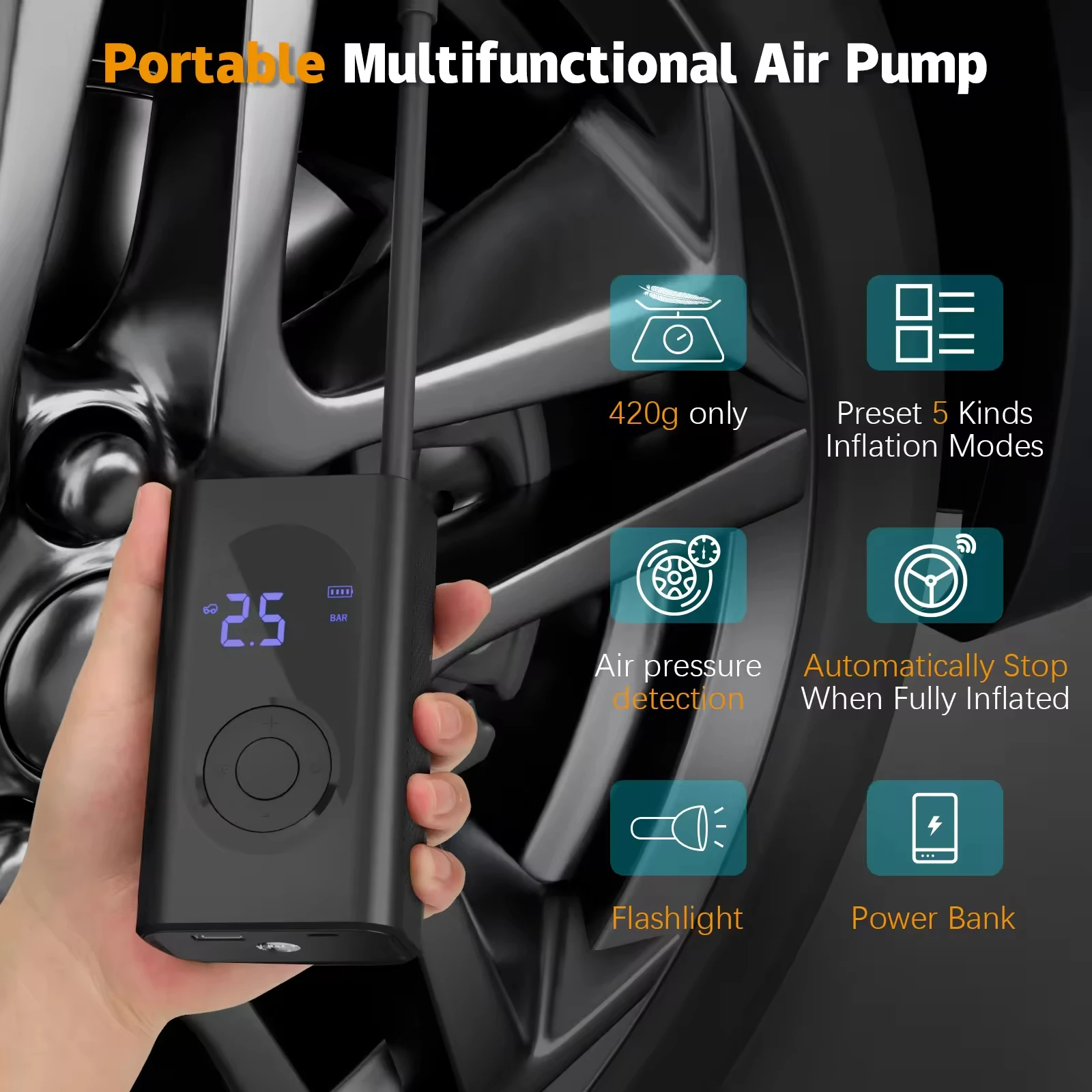 Portable Electric Air Compressor 1S Fast and precise tire inflation High-precision cylinder block supports pressures up to 150 p