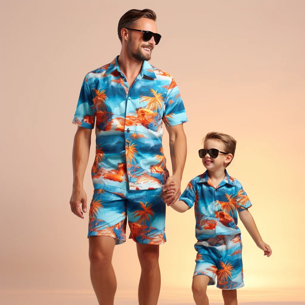 High Quality Summer Men Hawaii Beach Shirt Set Clothes 2 Piece Beach Clothing Kids Boys Hawaiian Shirts Shorts Set