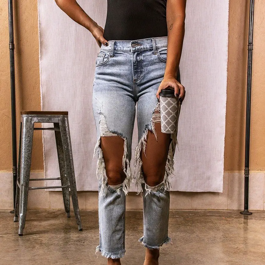 Cutoff Cuff Faded Acid Wash Jeans - Torn Patches in Knees