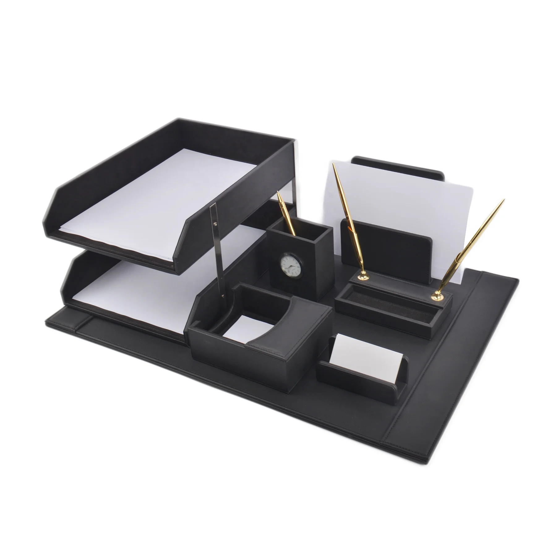 Qatar Government Luxury Black Leather 7 Piece Desk Organizer Set Executive Business Desktop Office Stationery Accessory Set