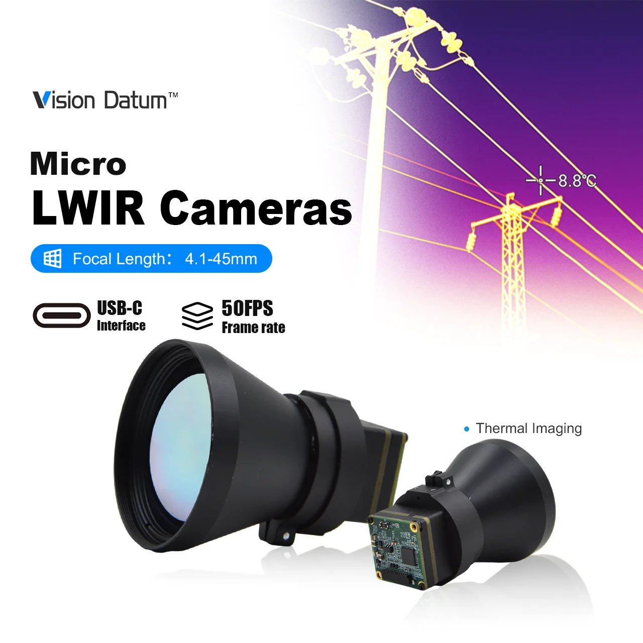Vision Datum 1280x1024 30Hz LWIR 12um Uncooled EL 50mm 75mm TWIN1212 Infrared Core Drone Thermal Camera for Temperature Measure