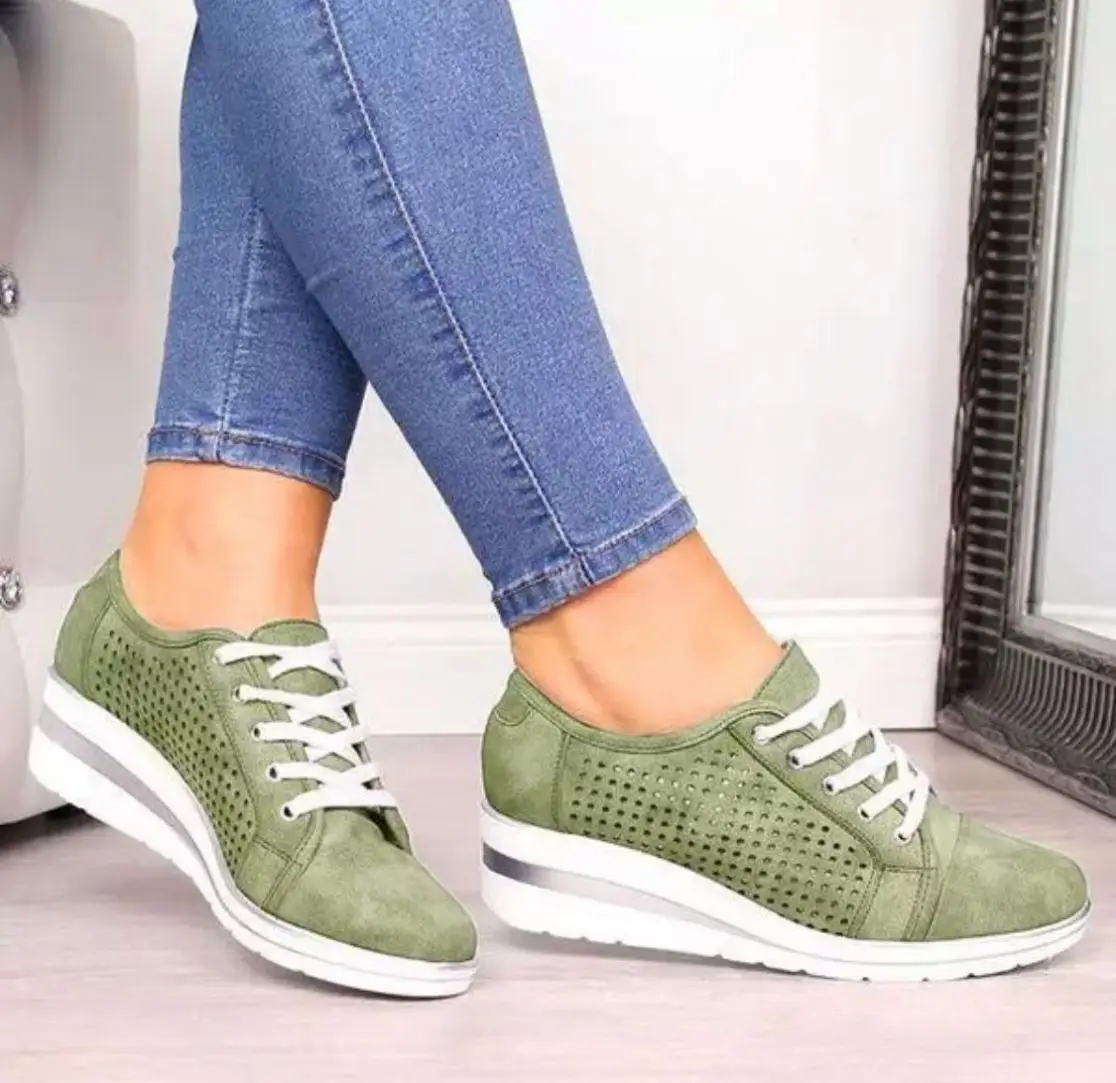 
New fashion faux leather hollow out wedge heel sneakers women lace up perforations sneakers 