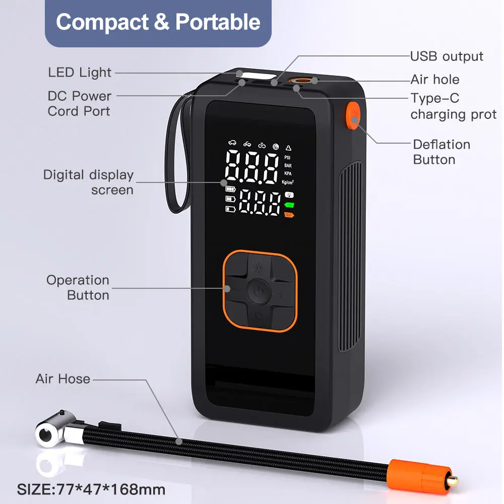 Portable cordless tyre inflator rechargeable electric mini digital wireless car air pump compressor tire inflators