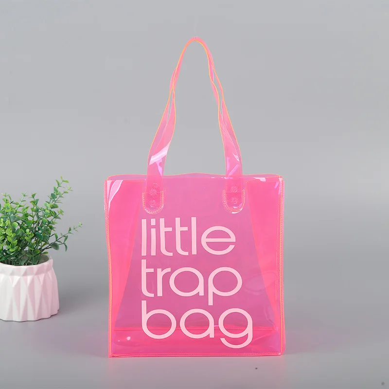 Custom Logo Plastic Clear Transparent Jelly Pink Neon Yellow Candy Color PVC Gift Shopping Tote Bag