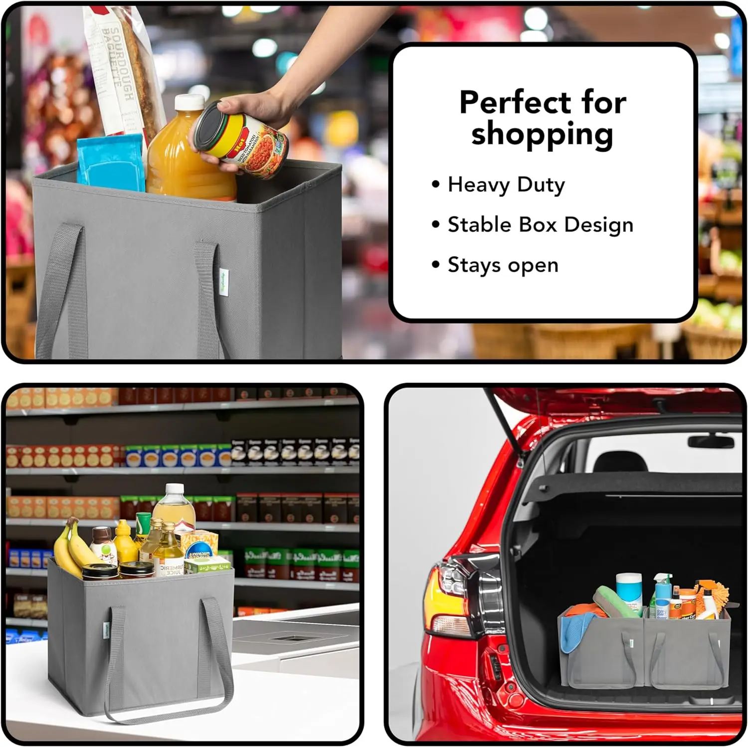 Reusable Grocery Bags Foldable Shopping Bags for Groceries with Box Shape to Stand Up and Stay Open