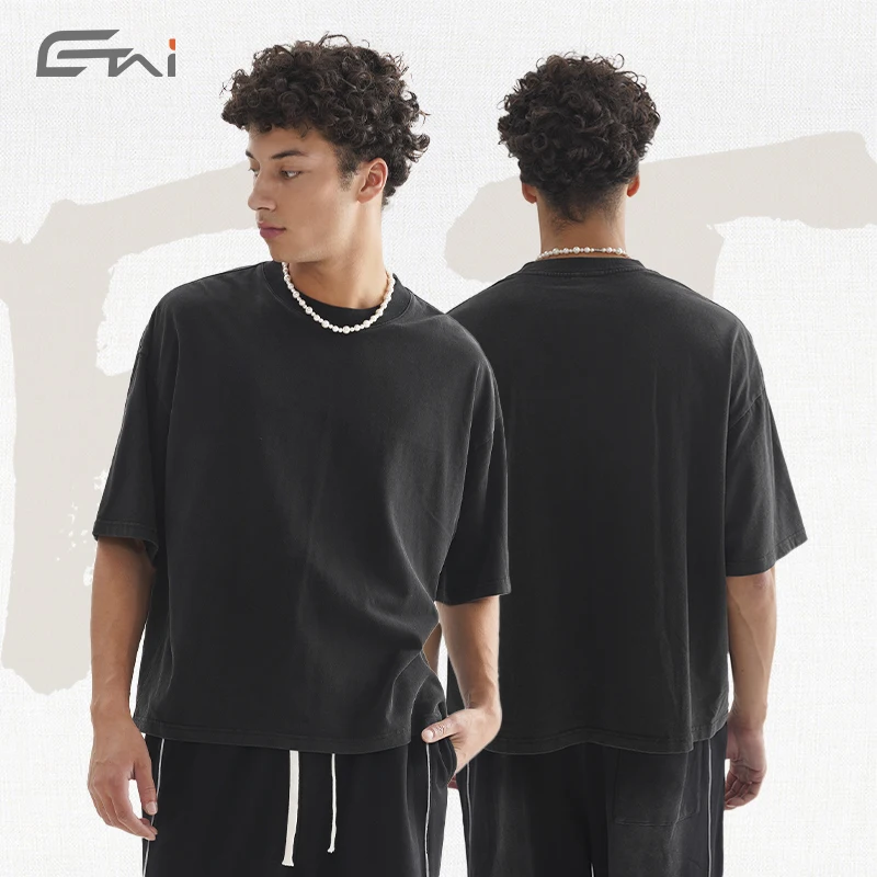 Vintage 280 gsm men sand washed t shirts oversized boxy cropped plain t-shirt bulk